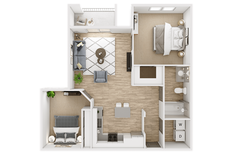 Floor plan for 1 bed, 1 bath, 892 sqft